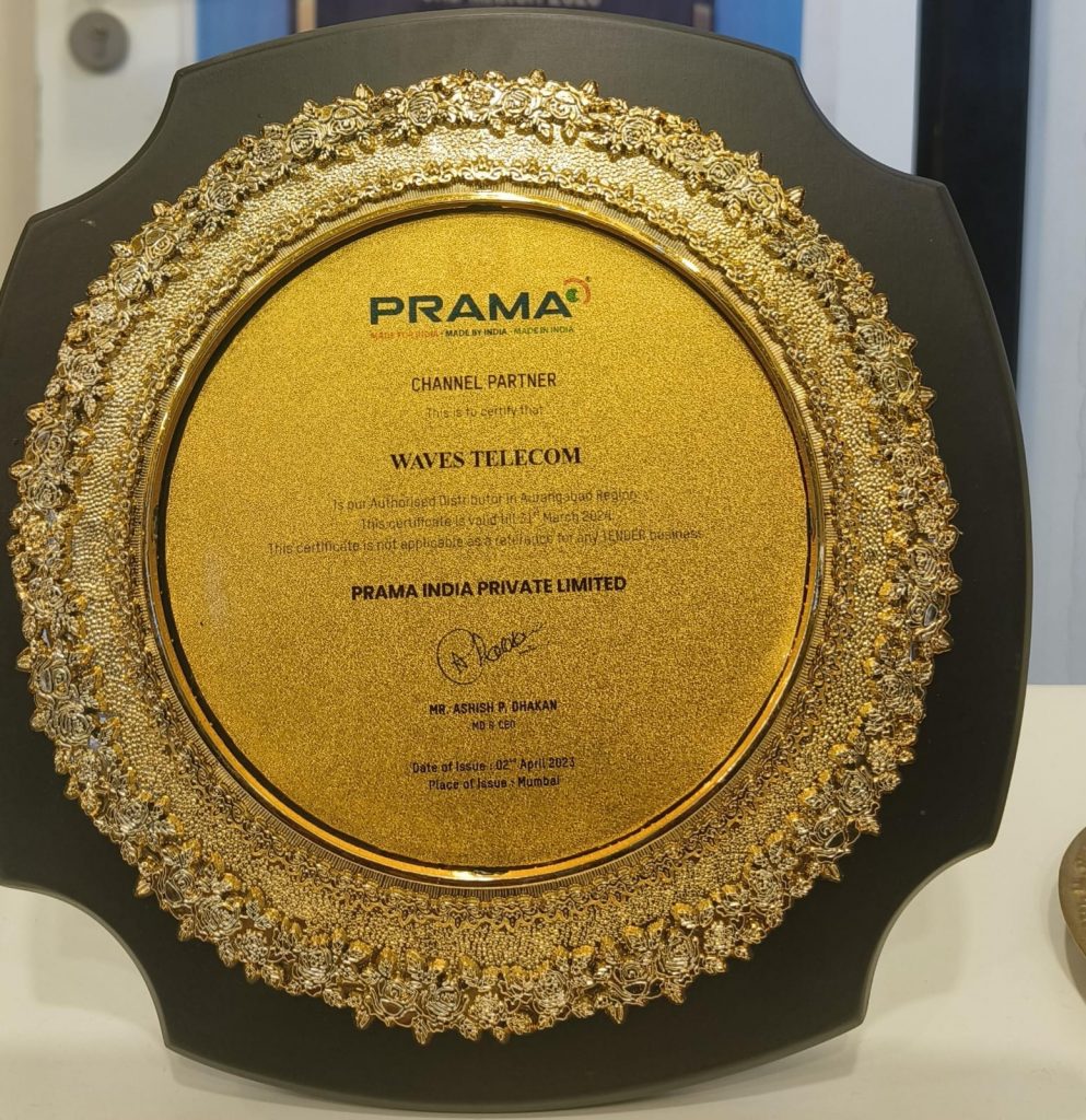 Channel Partner Certificate for Waves Telecom by Prama India Private Limited